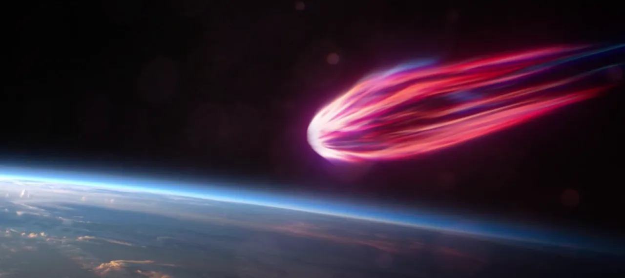 Une traînée de plasma rose et rouge incandescente qui file au-dessus de la courbure de la Terre