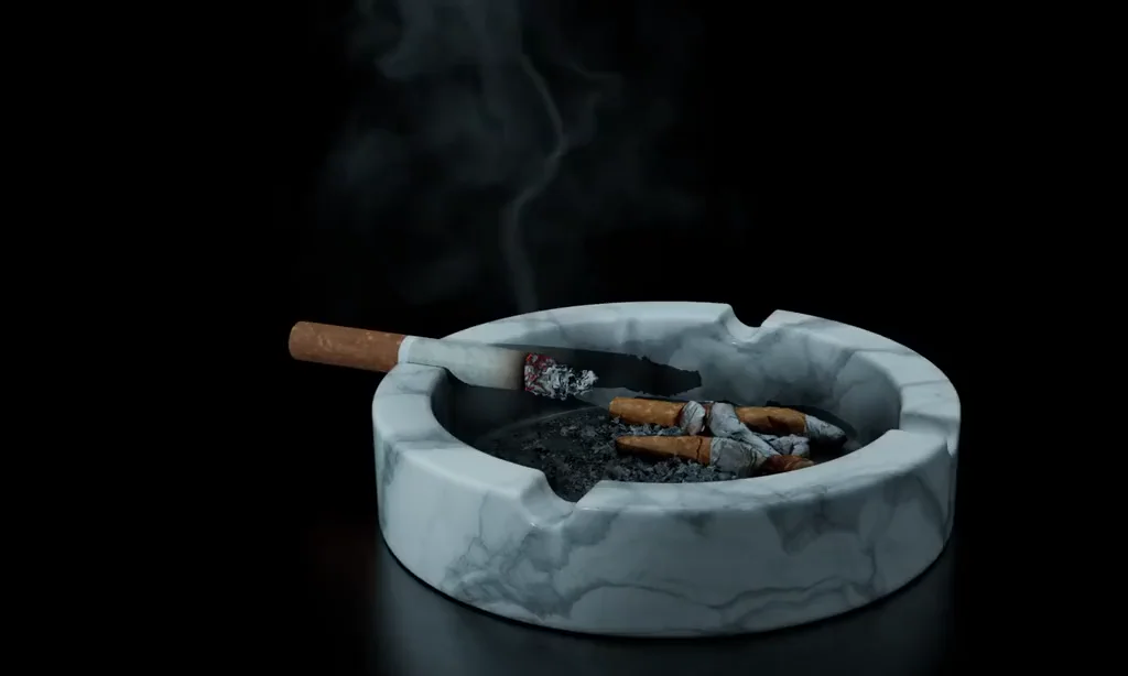 Une cigarette qui se consume, posée sur un cendrier en marbre, la fumée s’enroulant vers le haut