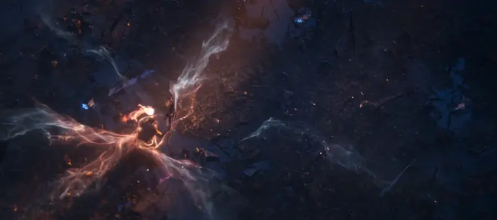 Vue de dessus d’âmes magiques incandescentes qui tourbillonnent au-dessus d’un sol sombre