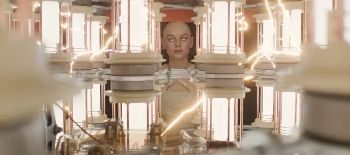 Des arcs électriques qui crépitent entre des tubes lumineux, autour d’une femme retenue dans une machine