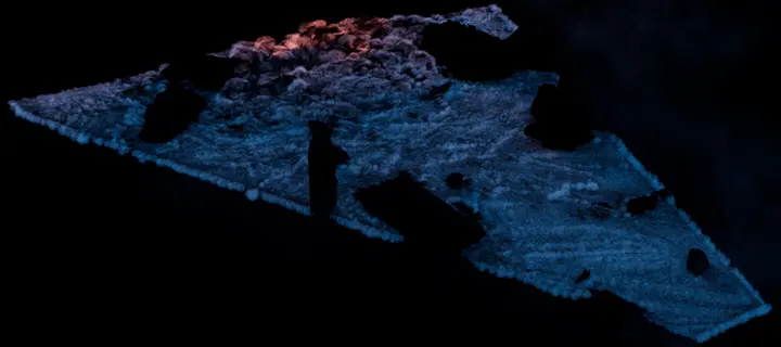 La poussière de l’onde de choc qui se répand sur le sol, éclairée en bleu et en orange braise, dans le viewport de Houdini