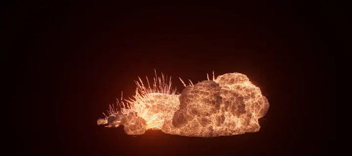 La boule de feu incandescente avec ses pointes d’étincelles, rendue sur fond noir