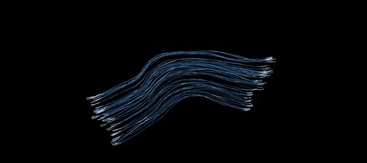 Un faisceau de fines courbes bleues aux pointes brillantes, sur fond noir